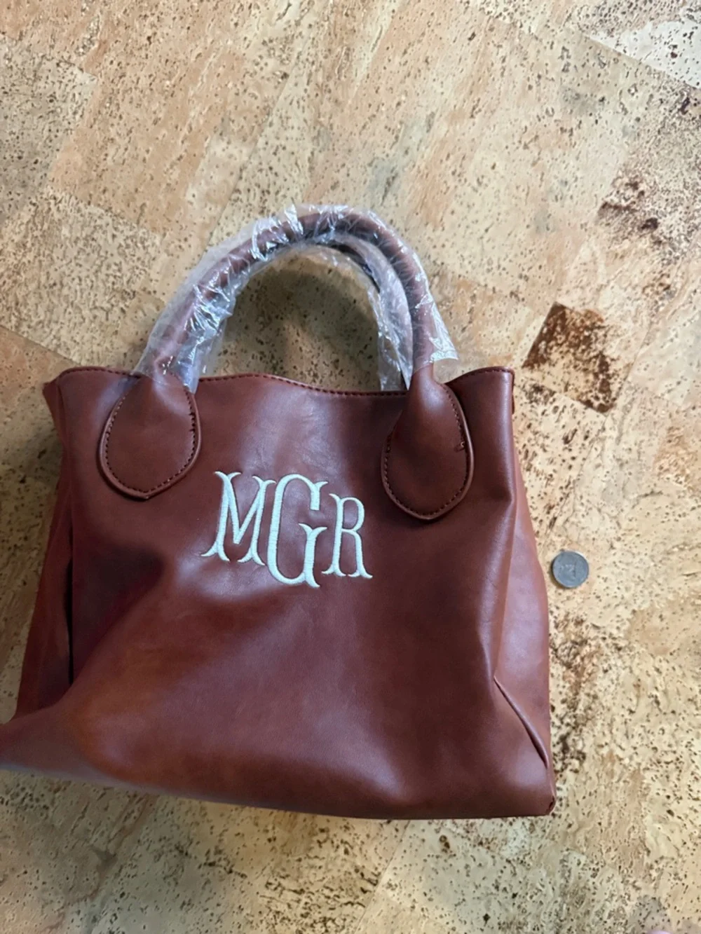 Monogrammed Brown Leather-Look Tote Bag - Picture 1 of 1